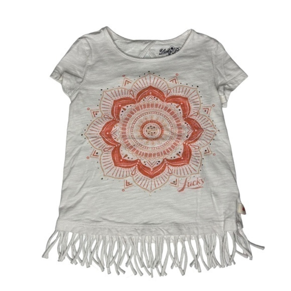 Lucky Brand Girls Top Size S Short Sleeve Mandala Graphic Fringe Hem Tee Shirt